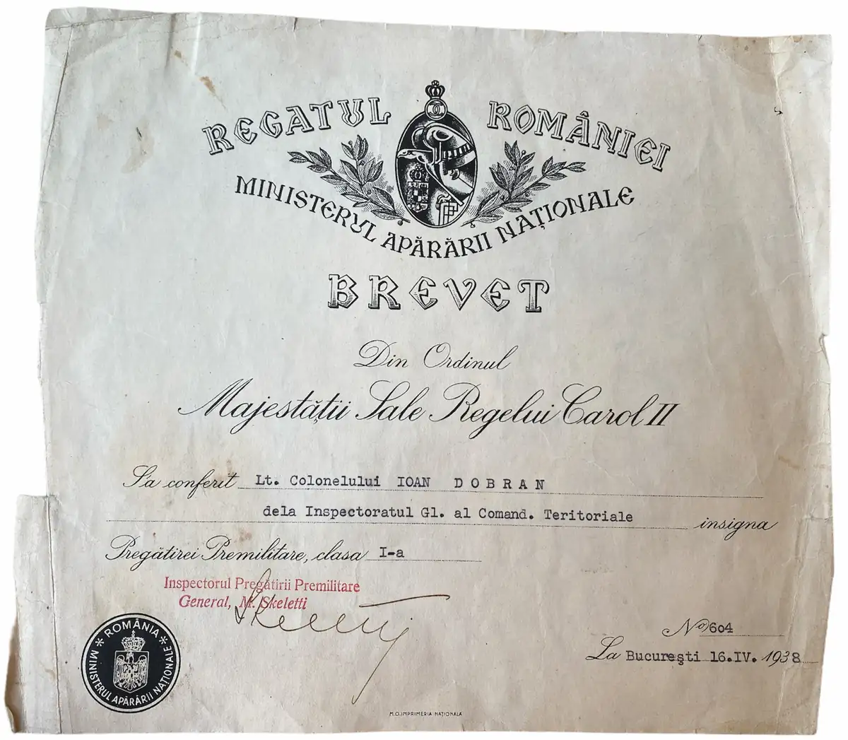 PREMILITARY TRAINING BADGE AWARDING DOCUMENT